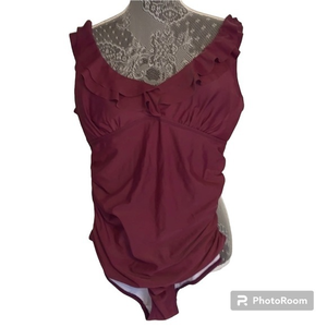 Ruffled‎ smoky purple/maroon one piece swimsuit.  Shirred waist.  Large. EUC